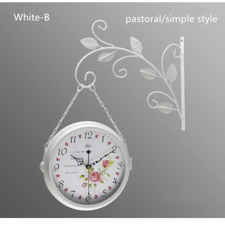Железное искусство простые пасторальные двойные односторонние Часы Настенные часы Тихий кварцевый часы настенные часы в гостиной часы пассаж