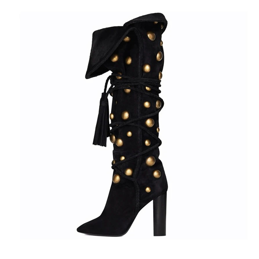 Kidesuede сапоги черного цвета для женщин с заклепками золотого цвета с заклепками высокий каблук Подиум сложить бахрома ботинки с высоким голенищем и бахромой оборками обувь - Цвет: black