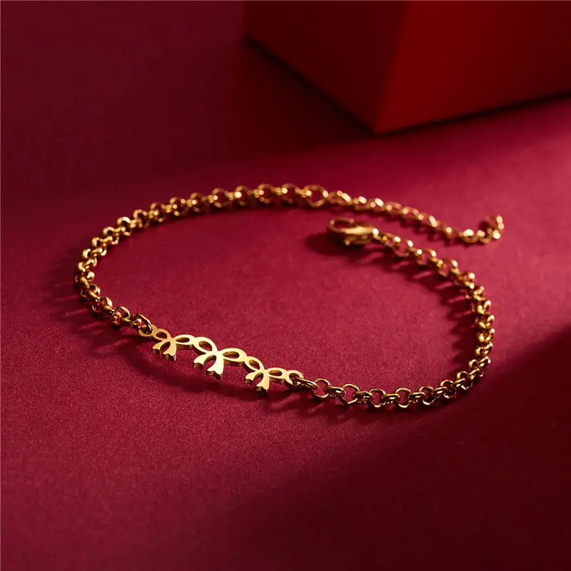 

New Three Bows Round Hollow Stainless Steel Bracelet Golden Bangles Gift For Man Women