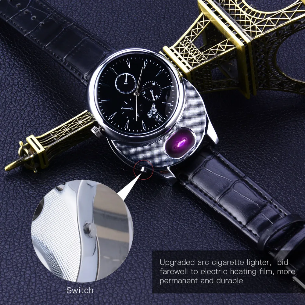 Cigarette Lighter watch Men USB rechangeable Casual Quartz Watch fashion Arc Flameless Lighter Wristwatches clock JH338