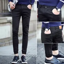 Модные Повседневное Для мужчин джинсы весна и осень Новый 28-36 сплошной Цвет узкие штаны брюки синий черный личности молодежи популярные