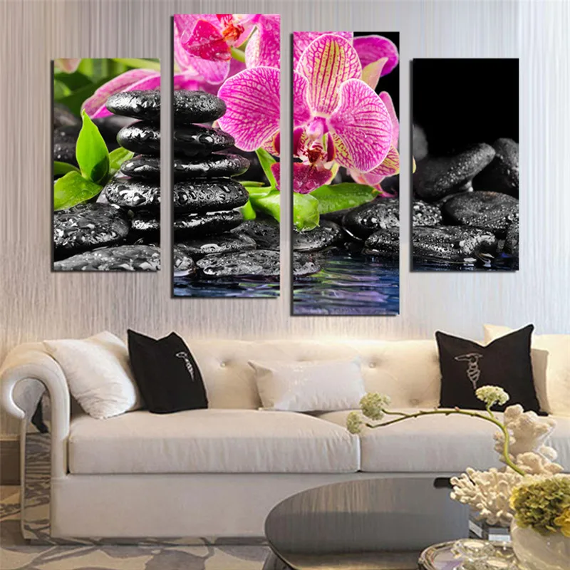 Unframed-4-Panels-Purple-Flowers-black-stone-Picture-Canvas-Print-Painting-Artwork-Wall-Art-Canvas-Painting (2)
