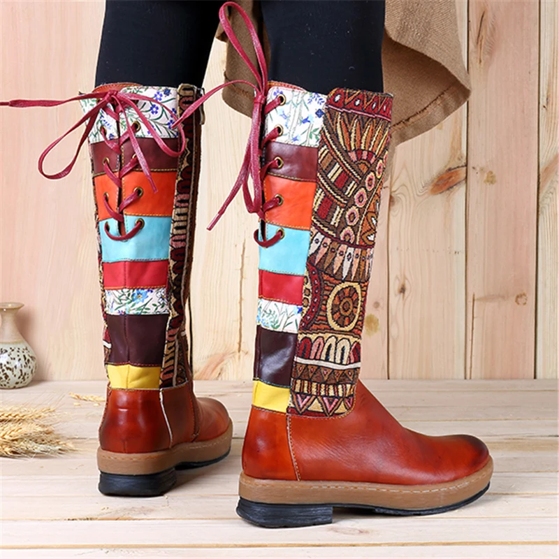 Socofy Vintage Mid Calf Boots Women Shoes Bohemian Genuine Leather ...
