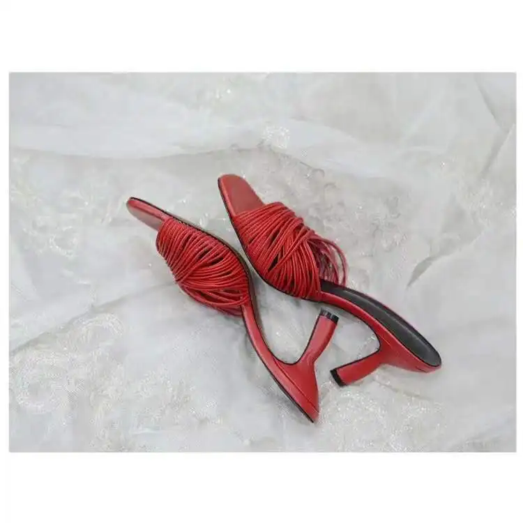 Summer Women High Single Cusp Thin Heels Shallow Narrow Band Slides Ladies Slipper Sandals Woman Genuine Leather Runway Shoes