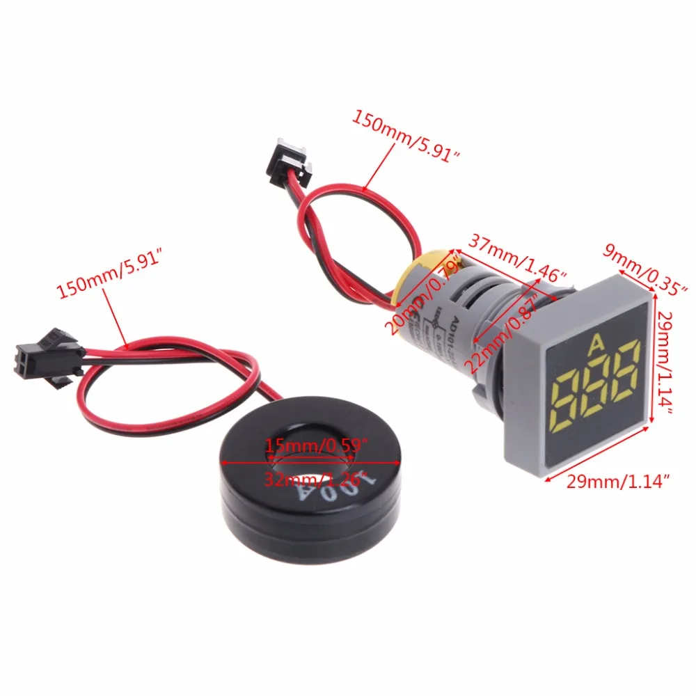 22MM 0-100A Digital Ammeter Current Meter Indicator Led Lamp Square Signal Light