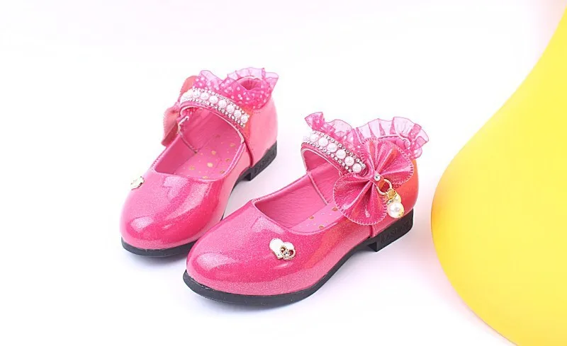 Детские весенние и летние Новые детские обувь детская Шнуровка с бантиком инкрустированные жемчужные туфли принцессы элегантные туфли на плоской подошве#1