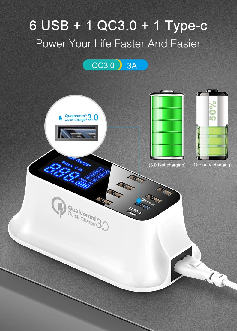 

Smart Quick Charge 3.0 USB Type C Charger Station Led Display Fast Charging Phone Tablet USB Charger For iPhone Samsung Adapter