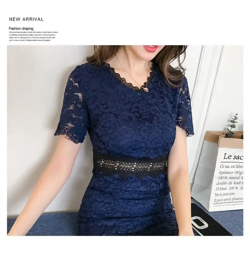2018 New Red Blue Spring Summer Lace Women dress Short Sleeve Slim Collect Waist In Long Dresses S-XL