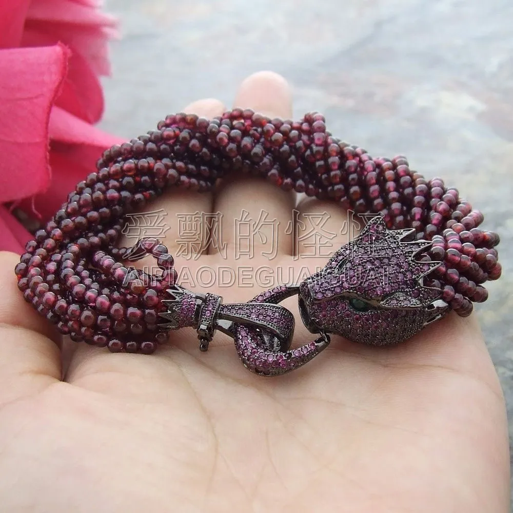 

B071010 Natural 13 Strands 3mm Garnet Bracelet CZ Clasp