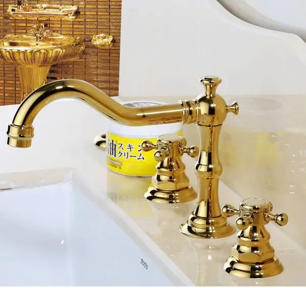 

New arrivals fashion luxury basin faucet high quality water tap brass material gold plating widespread basin sink faucet