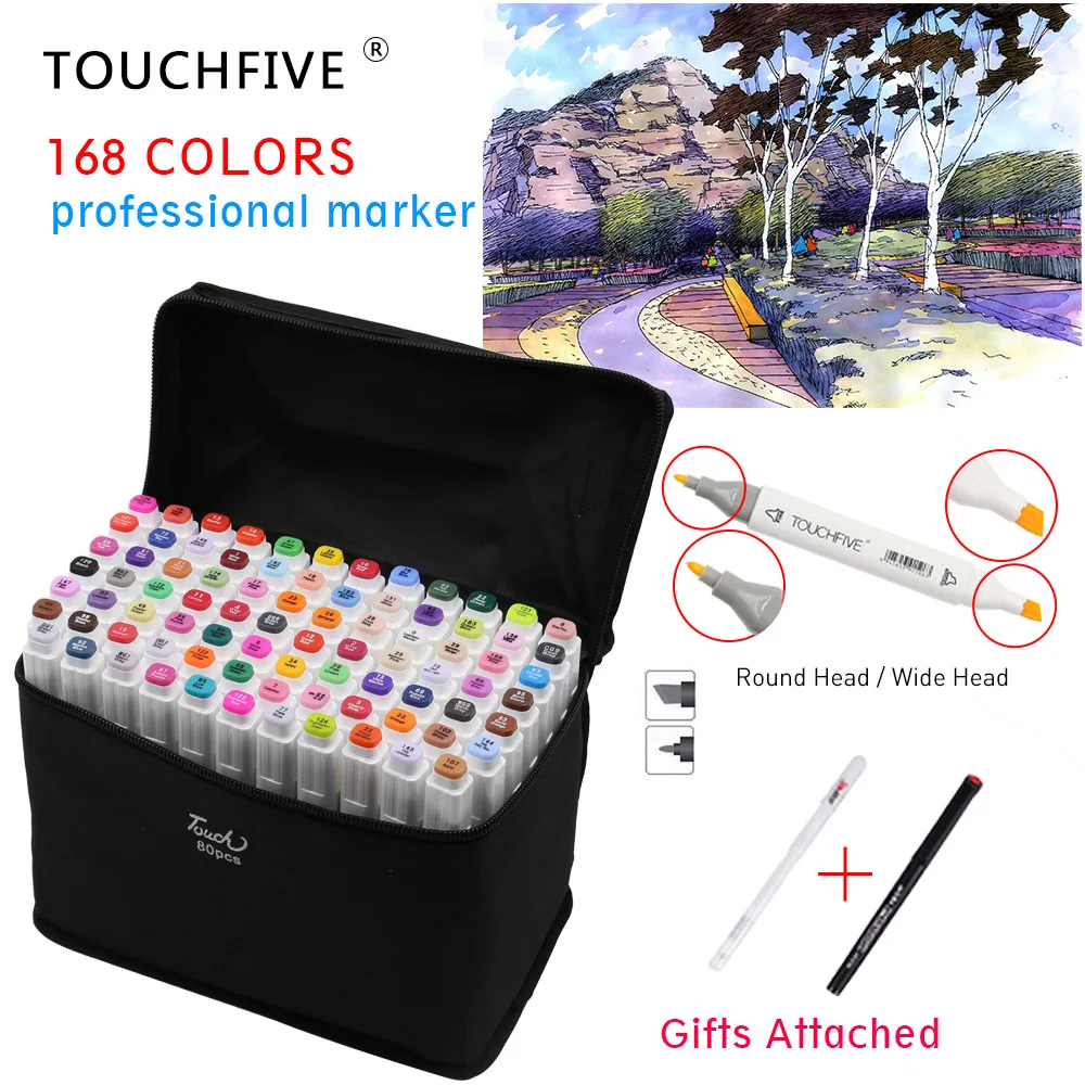 

TOUCHFIVE 40 Colors Markers Pen Oily Alcohol Painting Manga Dual Headed Art Sketch Marker Set Stationery Pen For School Drawing