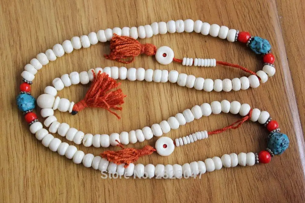 

ML169 Tibetan 108 Beads White Yak Bone Rosary 8mm*6mm Nepal Bone Colorful Beads Spacer Prayer Beads Mala Necklace Bracelets