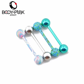

BODY PUNK Tongue Piercing Stainless Steel 4pcs Teal Splatter Blue Swirl Tongue Rings Barbell Pircing langue Body Jewelry