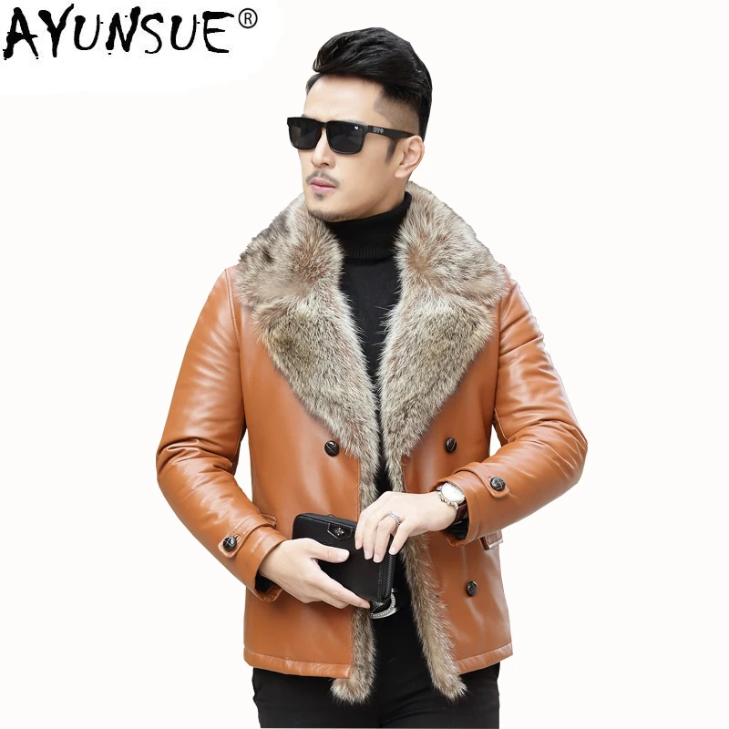 

AYUNSUE Men's Leather Jacket Short Winter Genuine Leather Sheepskin Coat for men Real Raccoon Fur Collar F-598 KJ1434