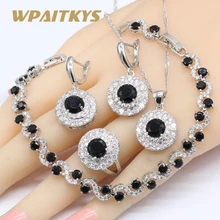 925 Серебряный Свадебный комплект ювелирных изделий женский черный белый кубический цирконий ожерелье кулон серьги браслеты кольца подарочная коробка