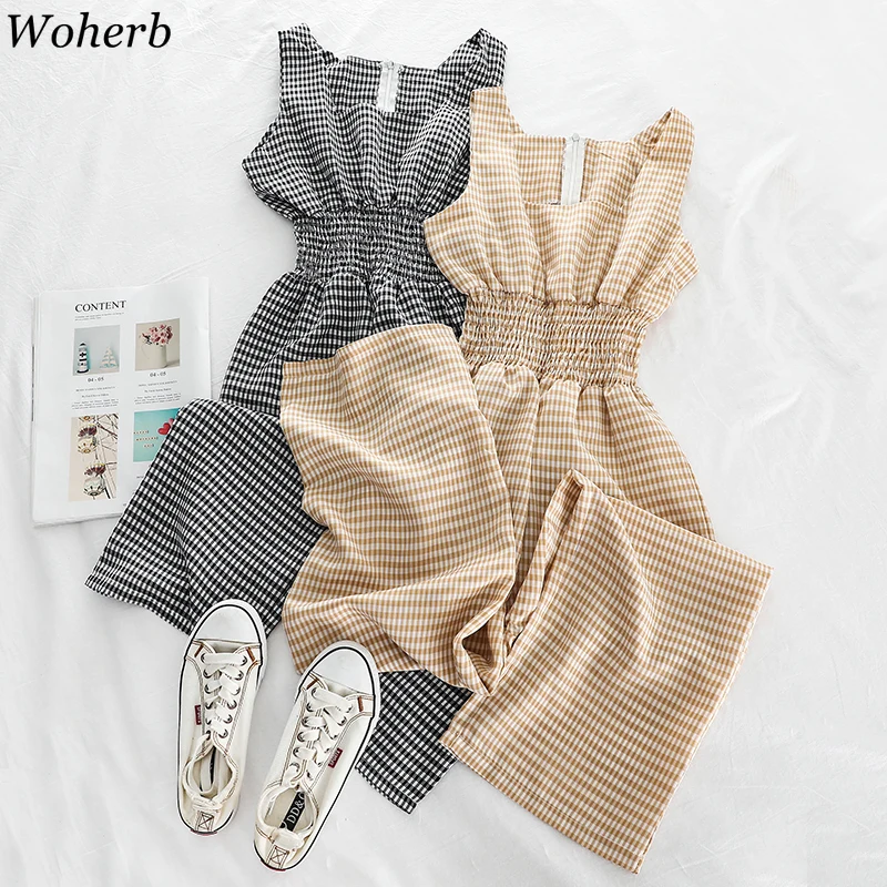 

Woherb 2020 Summer Wide Leg Pants Women Sleeveless Tank Jumpsuit Plaid Overalls Korean Causal Female Playsuits Long Rompers