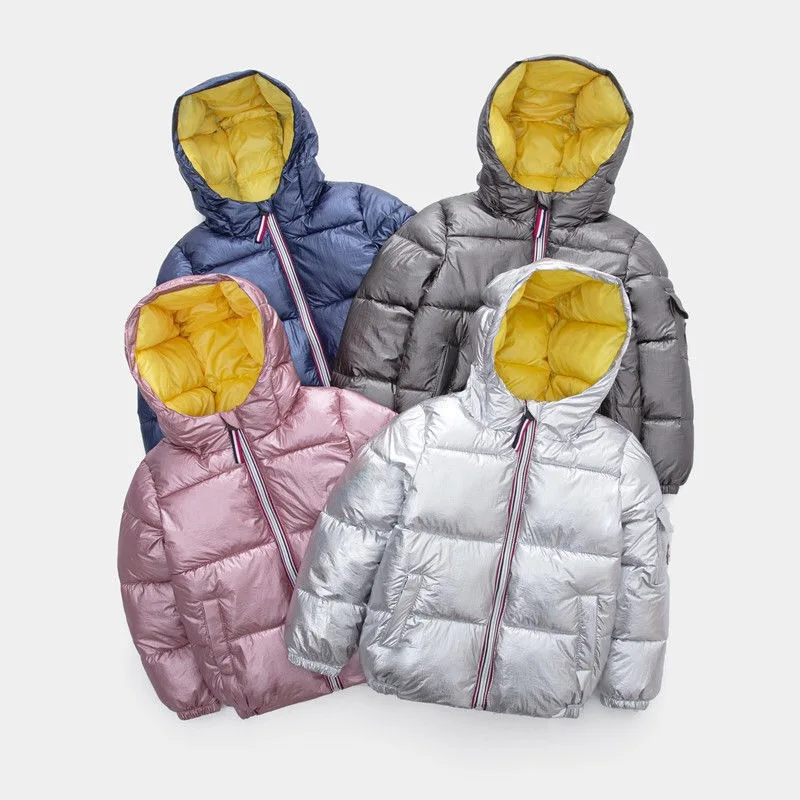 Зимняя куртка для девочек; Детский пуховик из 90% хлопка; водонепроницаемый Зимний комбинезон; цвет розовый, серый, синий, серебристый; Куртка парка с капюшоном пуховые пальто для мальчиков и девочек