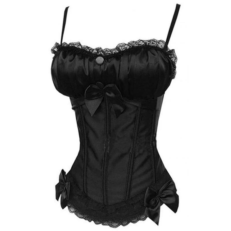 Hot Black Steampunk Corset Top Satin Dobby Lace Faux Leather Bustier Sexy Corselet Bodyshaper Classic Gothic Clothing Plus Size (3)