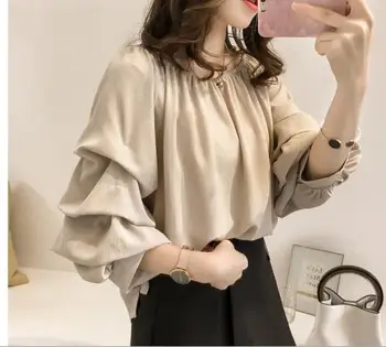 

Summer new Korean version of a word collar shoulder-length loose layers of chiffon shirt elegant long sleeve shirt women