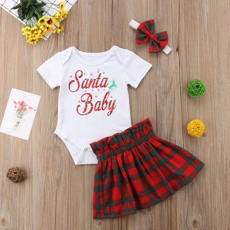 Одежда для новорожденных и маленьких девочек; футболка; комбинезон с буквенным принтом+ клетчатая юбка; рождественские наряды; коллекция года; Рождественская одежда для детей 0-24 месяцев