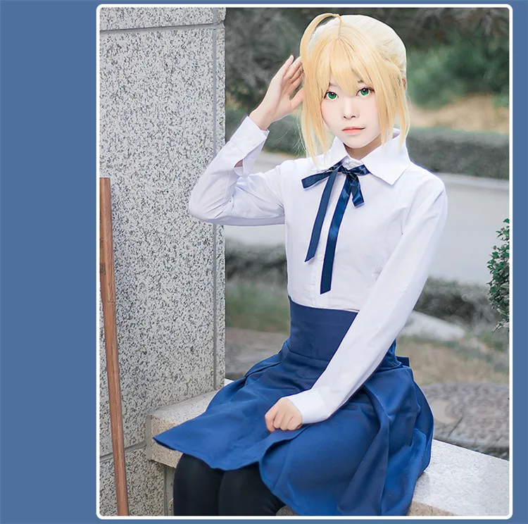 Аниме Fate/Stay Night Saber косплей костюм белый и синий Униформа юбка Carnaval Disfraces костюмы на Хэллоуин для женщин и парик