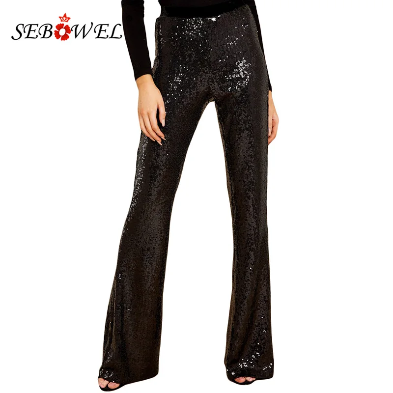 SEBOWEL Sparkle Eye Catching Women Dance Sequin Wide Leg Pants Sequined