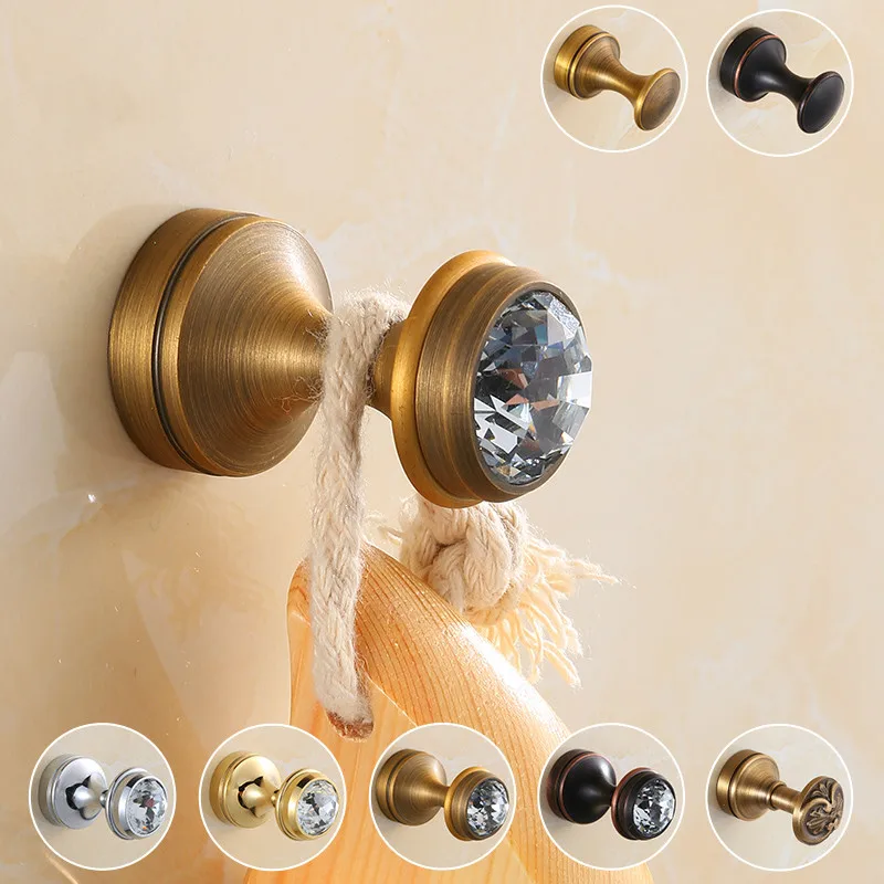 

Antique Copper Crystal Bath Hook Hanging Clothes Single Solid Carved Door Robe Hooks Wall Mounted Bathroom Accessories