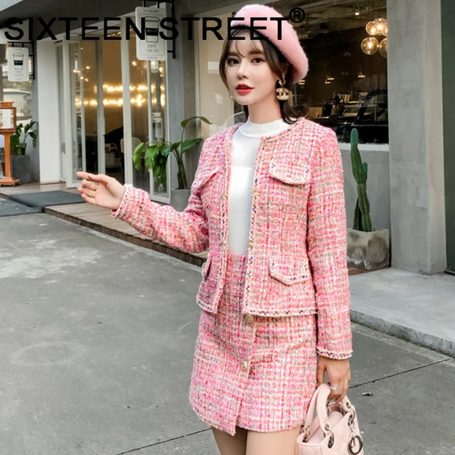 New pink tweed 2 piece set woman jacket and skirt autumn winter long