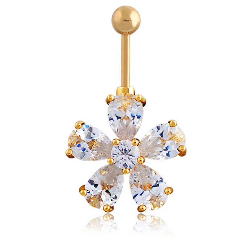 

Trendy Clear Crystal Flower Shape Navel Ring Stainless Steel Piercing Belly Button Rings Fashion Body Jewelry for Women Gift