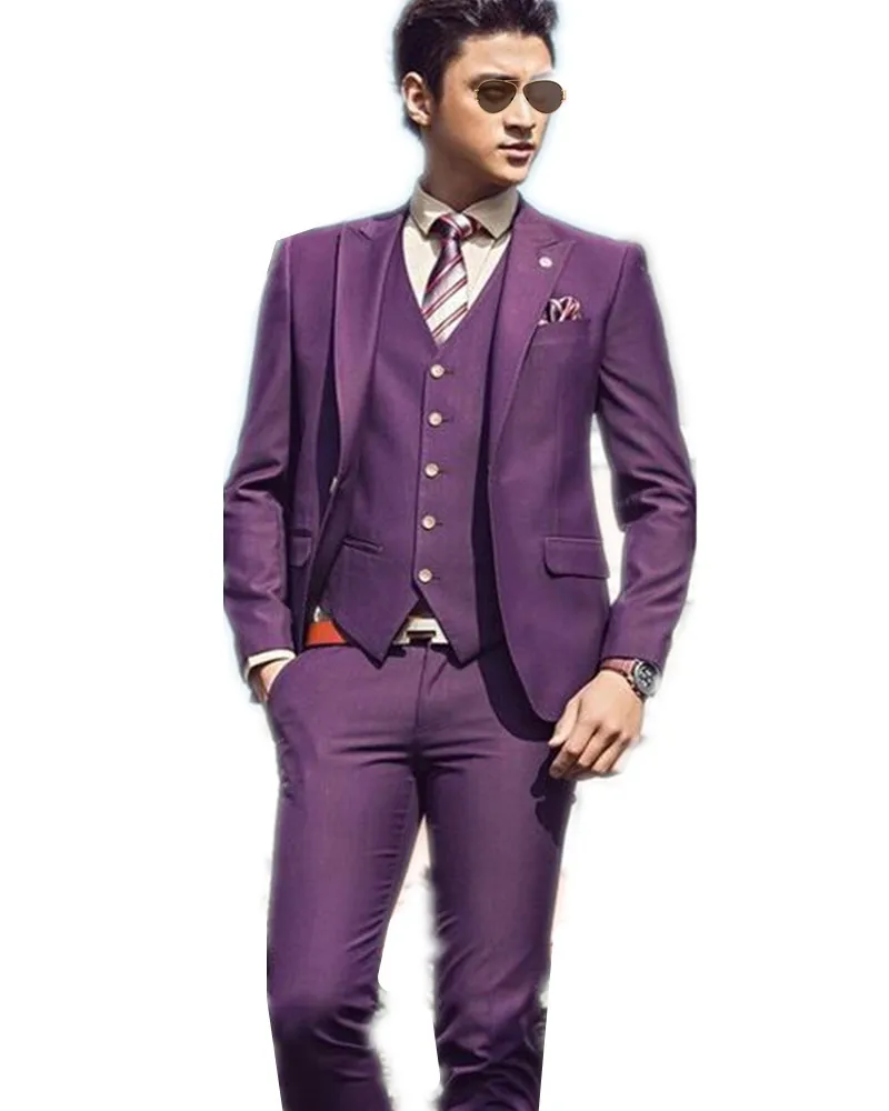 Handsome man's suits slim fit purple groom wedding tuxedo young man ...