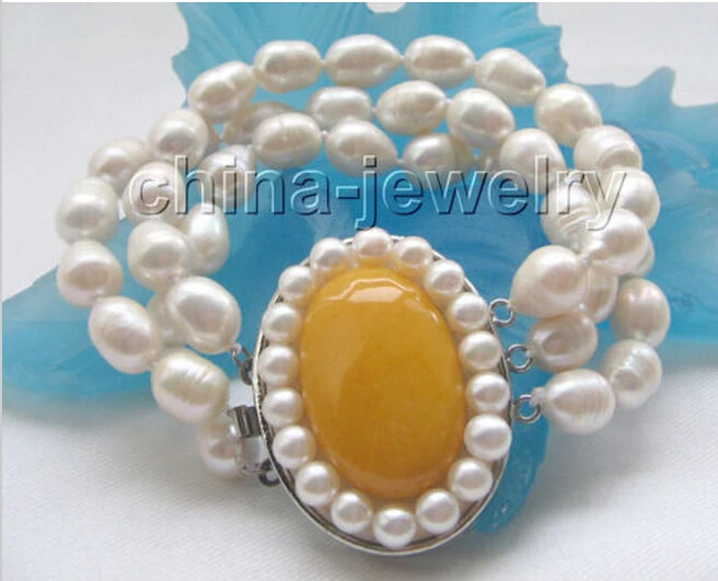 

Hot sellBeautiful 3row 8" 10-12mm natural white baroque freshwater pearl bracelet-yellow -Bridal jewelry free shipping