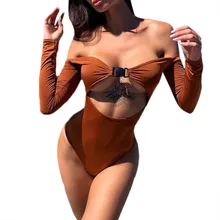 Бикини одежда для плавания с длинным рукавом Пряжка Твердые Купальники женские, бикини выдалбливают чарующие боди Пуш Ап Женский цельный купальник 4QW