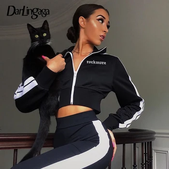 

Darlingaga Casual high neck autumn jacket women zipper embroidery side stripe bomber jacket coat outwear 2019 crop basic jackets