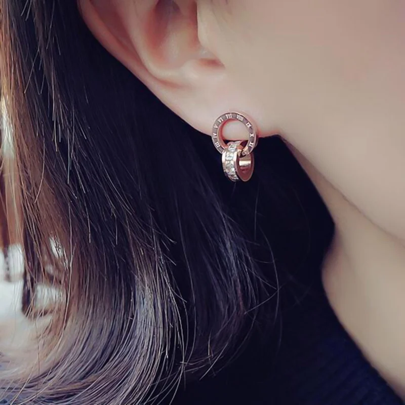 

High Quality Roman Numerals Flash Small Zircon Titanium Steel Stud Earrings Double Ring Earrings For Woman