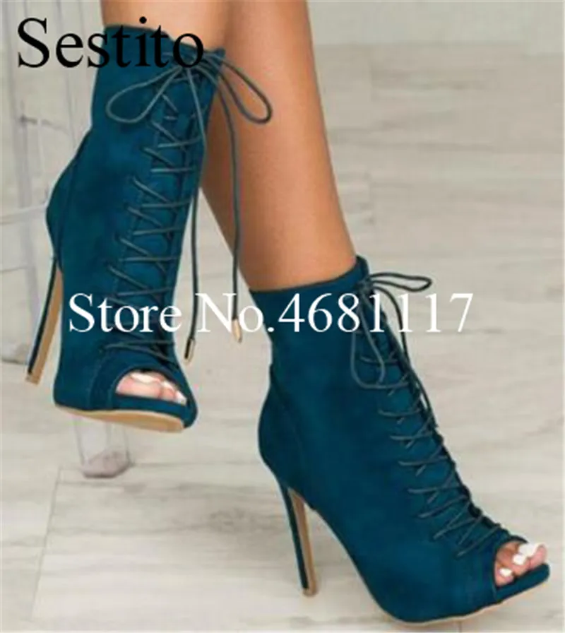 

Open Toe Fish Mouth Straps Boots Spring and Summer Autumn Sexy Nightclub Black Blue Army Green Temperament Roman Stilettos Shoes