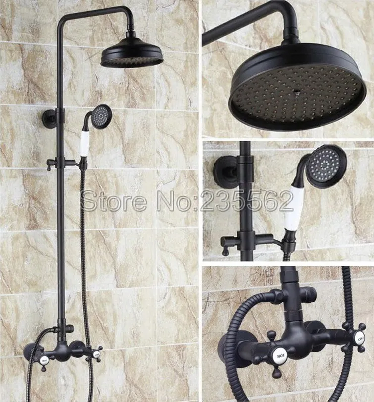 

Wall Mount Bath Shower Faucet w/ Hand Shower Black Oil Rubbed Bronze 8" Rain Shower Mixer Tap Tub Faucet Dual Handles lrs498