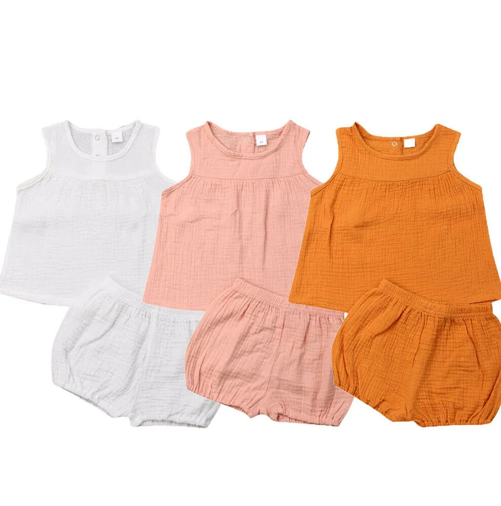 

Girls Clothes Set 2019 Children Cotton Linen Solid T shirt Shorts Baby Summer Pajamas Suit Bebe Newborn Girl Clothing 1 2 3 Year