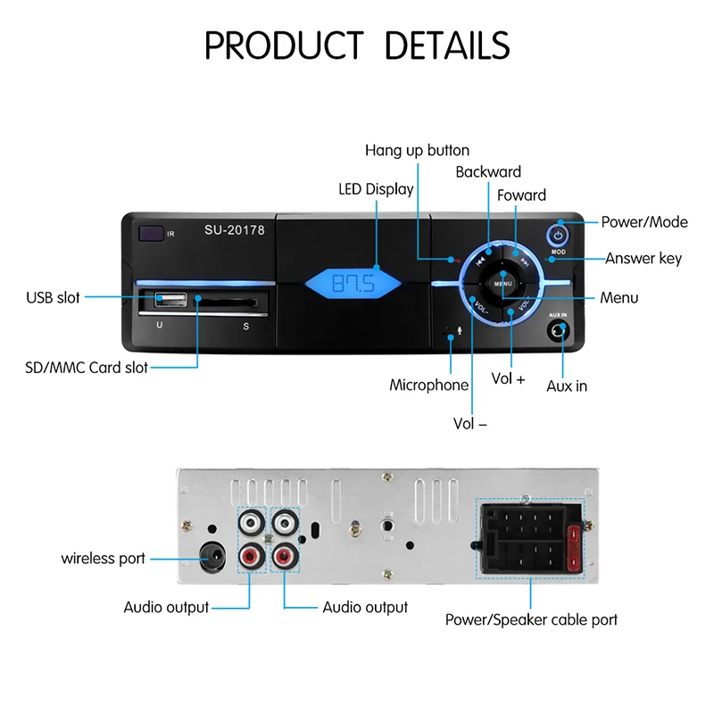 Автозапчасти 1DIN Bluetooth автомобильный стерео аудио плеер с держателем телефона в тире FM Радио MP3 плеер USB/SD карта с пультом дистанционного управления