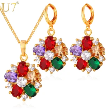 

U7 Cubic Zirconia Indian Jewelry Sets For Women Gold Color Flower Colorful Crystal Earrings Necklace Set Women S680