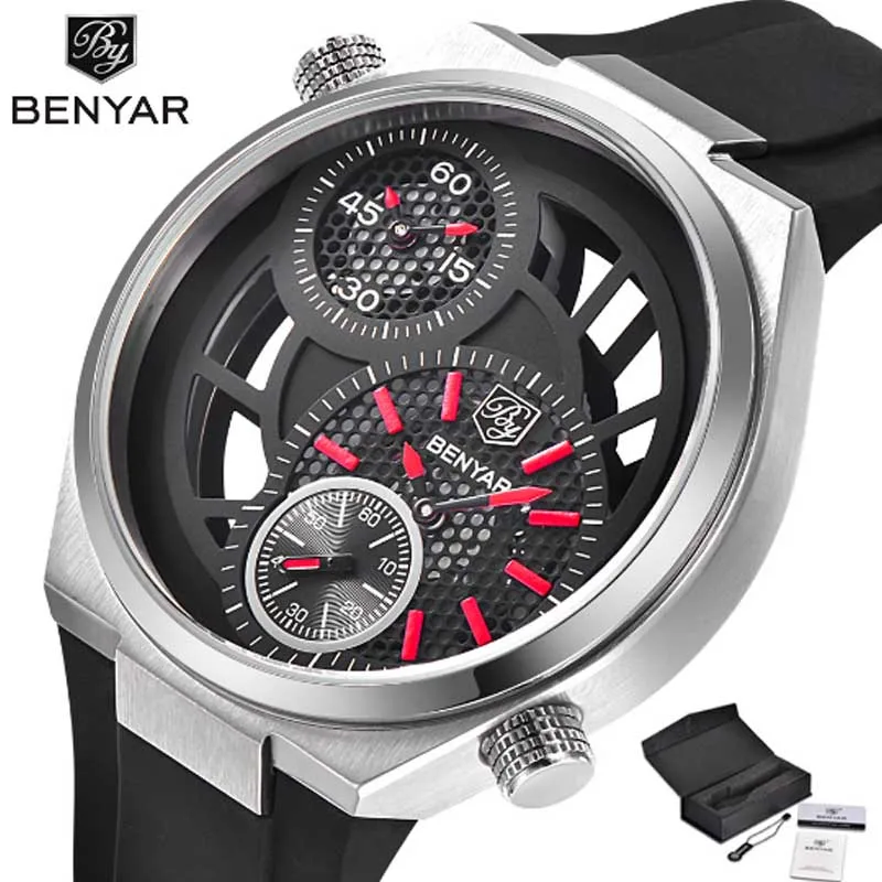 

Luxury Benyar Fashion Men High Qulity Design Hollow Water Resistant Quartz Watch Multiple Time Zone Cool Sport Dial Watches