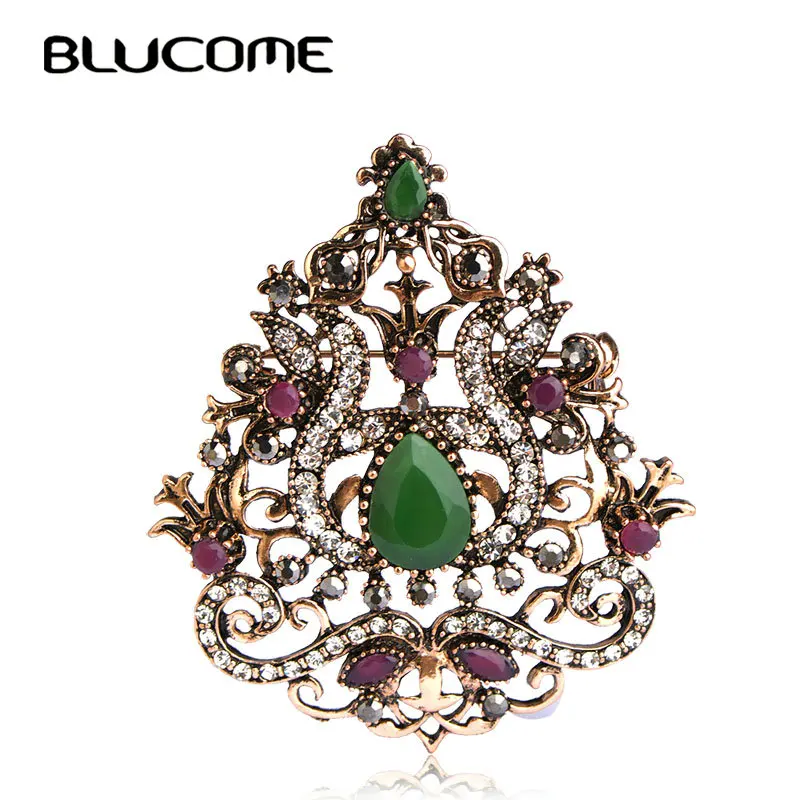 

Blucome Vintage Women Decoration Brooches Party Dress Hair Accessories Green Water Drop Resin Crown Corsage Pin Headwear Jewelry