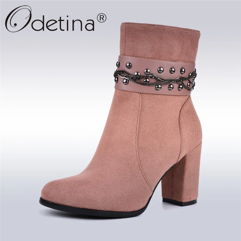 

Odetina Autumn Winter Fashion Boots Ladies Elegant Ankle Boots Side Zipper Square High Heels Women Boots With Metal Decoration