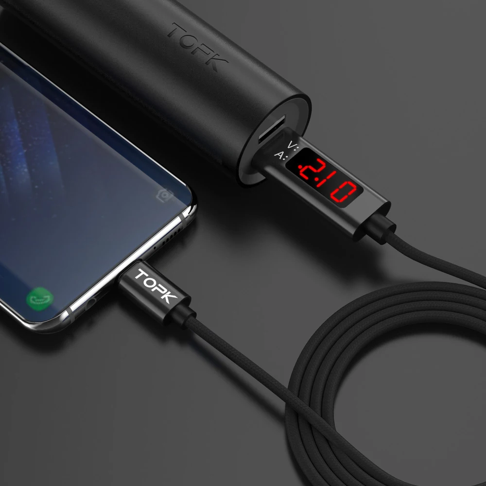 TOPK AC27 3A(Max) usb type C для samsung Xiaomi huawei Быстрая зарядка USB C с цифровым дисплеем кабель для мобильного телефона