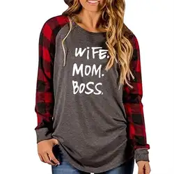 Новая модная футболка с надписью «Мама босс» для женщин, клетчатая футболка с длинными рукавами, женские Топы Harajuku Mother's Day