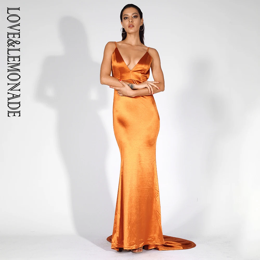 Оранжевое тонкое длинное платье LOVE &amp LEMONADE с глубоким V-образным вырезом и