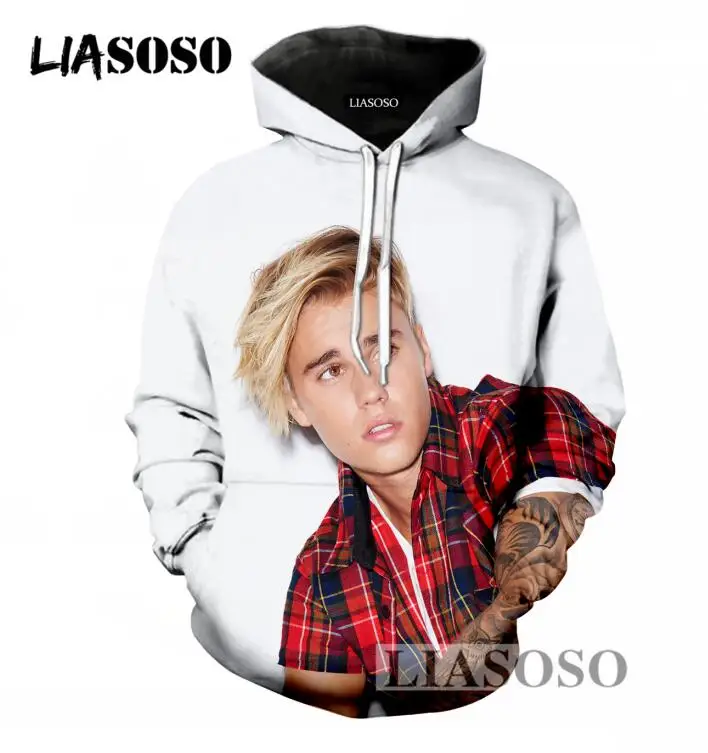 LIASOSO Popular Men/Women Hoodies Casual Long Sleeve Sweatshirt 3D Print Singer Justin Bieber Pullover Hoodies Loose Hooded T696