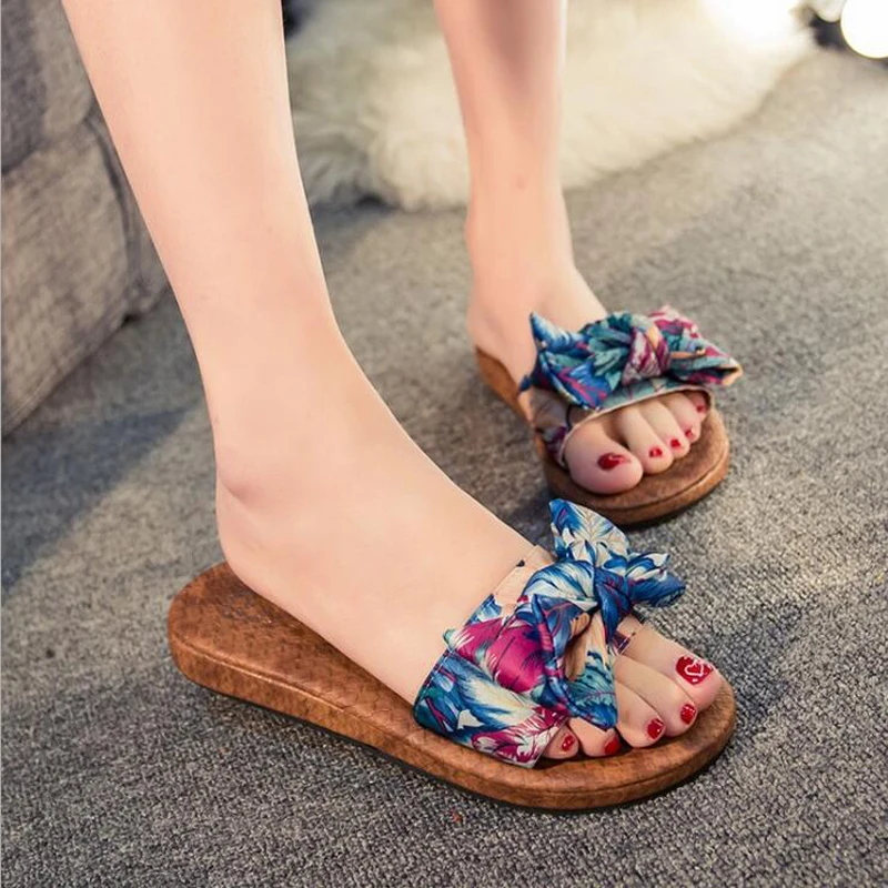 2016 summer fashion bohemia slides beach sandals woman print silk bowtie peep toe platform shoes