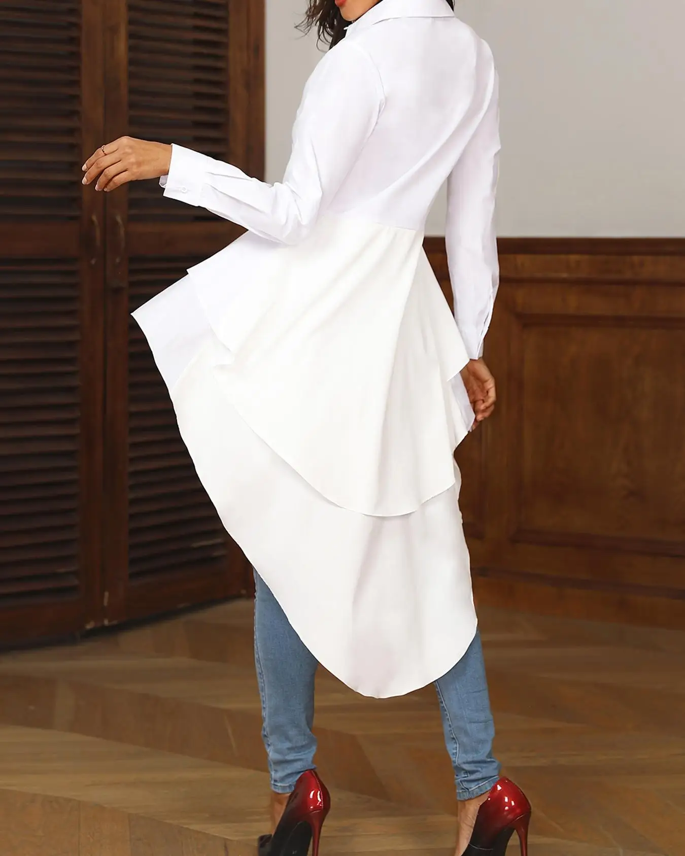 Goede Vrouwen Elegant Office Werk Solid Turn down Kraag Wit Shirt Casual Top Gelaagde Volants Dip Zoom Asymmetrische Blouse