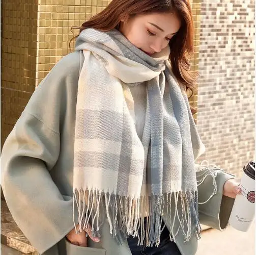 

2019 Autumn Winter Female Wool Plaid Scarf Women Cashmere Scarves Wide Lattices Long Shawl Wrap Blanket Warm Tippet