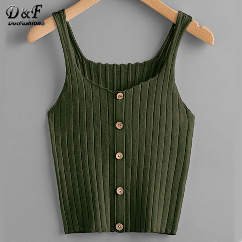

Dotfashion Ladies Button Up Rib Knit Plain Top 2017 New Arrival Scoop Neck Vacation Vest Woman Autumn Skinny Casual Vest